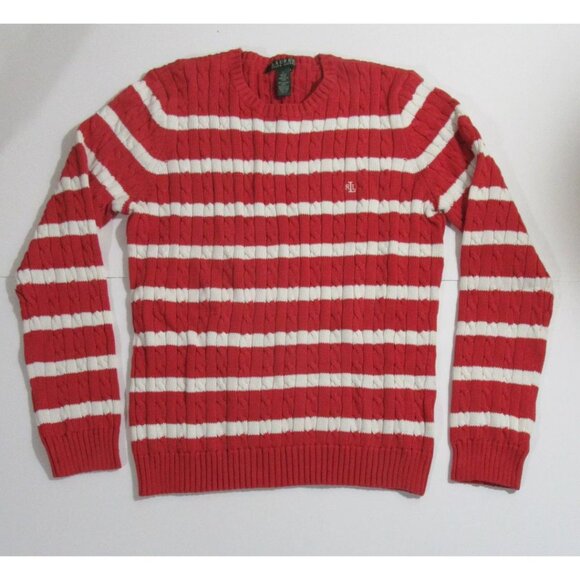 Lauren Ralph Lauren Women’s Cable Knit Sweater Red Ecru Striped Large NWT NEW - Picture 1 of 4